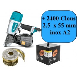 MAKITA AN613 CLOUEUR PNEUMATIQUE 38/65mm 15° rouleaux métal/pvc + 2400 Clous 2.5 x 55 mm inox A2