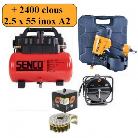 Lot Compresseur SENCO AC19306BL + Enrouleur TJEP 30mètres + Cloueur BOSTITCH N66C-2-E + 2400 clous 2.5 x 55 inox A2