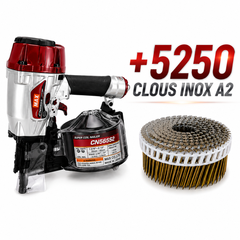 MAX CN565S2 CLOUEUR BARDAGE A ROULEAUX PNEUMATIQUE + 5250 CLOUS 2.5x55 A2 15/16°